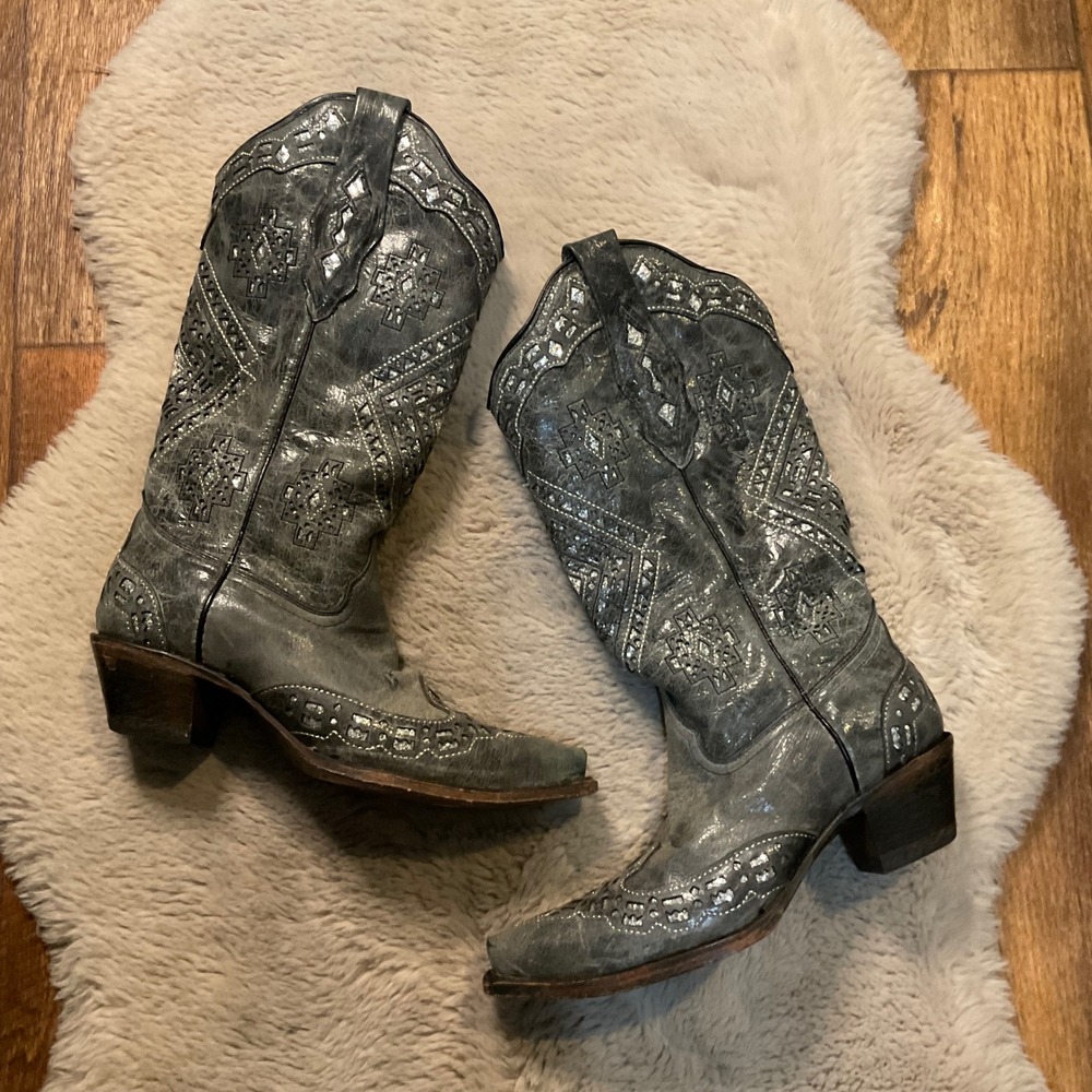 Corral Vintage Cowboy Boots Size 7.5 Leather Womens Inlay Silver Western Gray